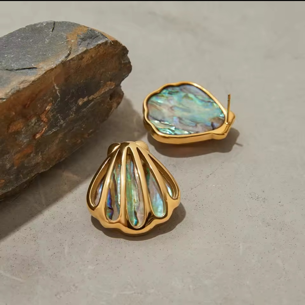 Ocean Shell Colored Earrings 18K Gold Color Plated Stainless Steel - Picture 1 of 12